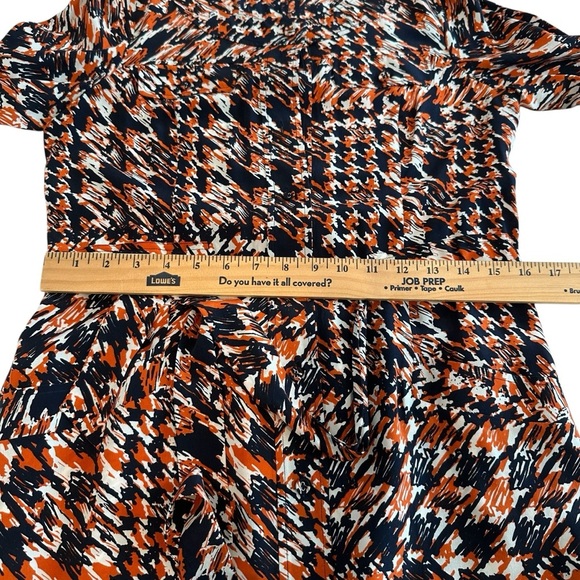 Tyler Boe Elegant Silk Navy Blue and Orange Patterned Long Sleeve Dress - Picture 13 of 16
